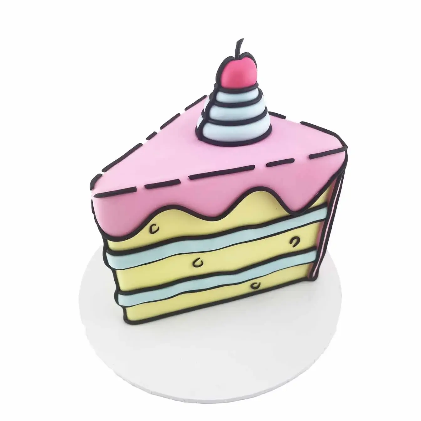 Cartoon-style cake with pink, yellow, and blue layers, decorated with a fun and playful design.