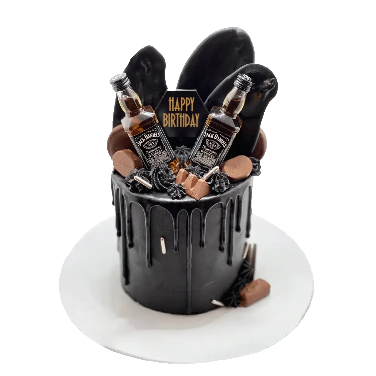 Indulgent Black Jack Daniels Drip Cake with decadent chocolate drizzle.