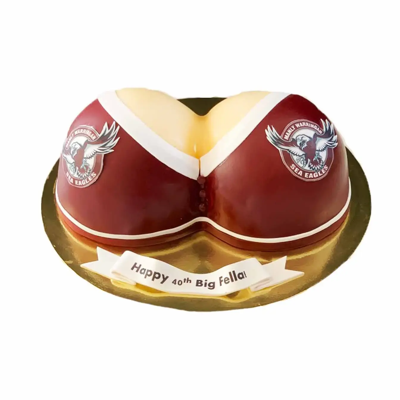 Rugby Siren Splendor Cake - A bikini-shaped cake with NRL team colors and logo, a playful centerpiece for rugby enthusiasts and themed celebrations.