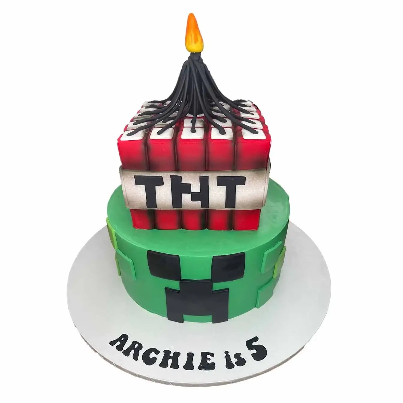 2-Tier Minecraft Cake: Green Creeper Face Bottom Tier and TNT Bomb Top Tier