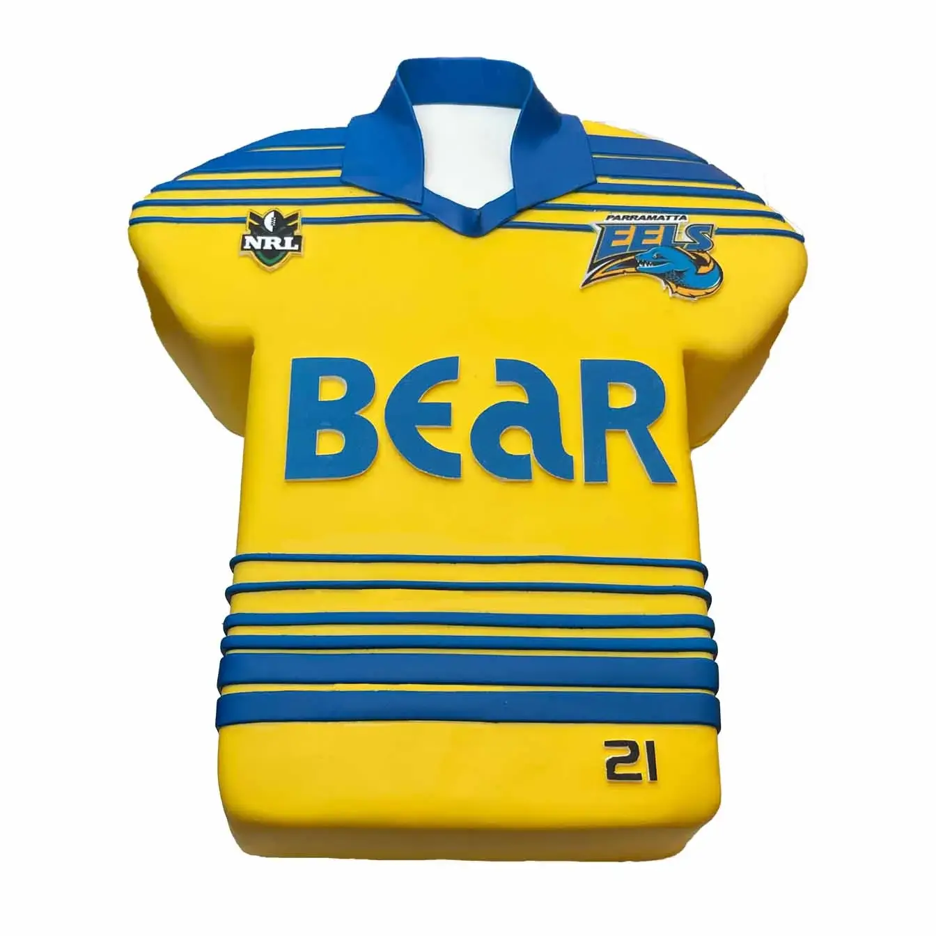Delicious NRL team jersey cake decorated with team colors, logo, and player's number - perfect for celebrating your team's big win or special occasion.