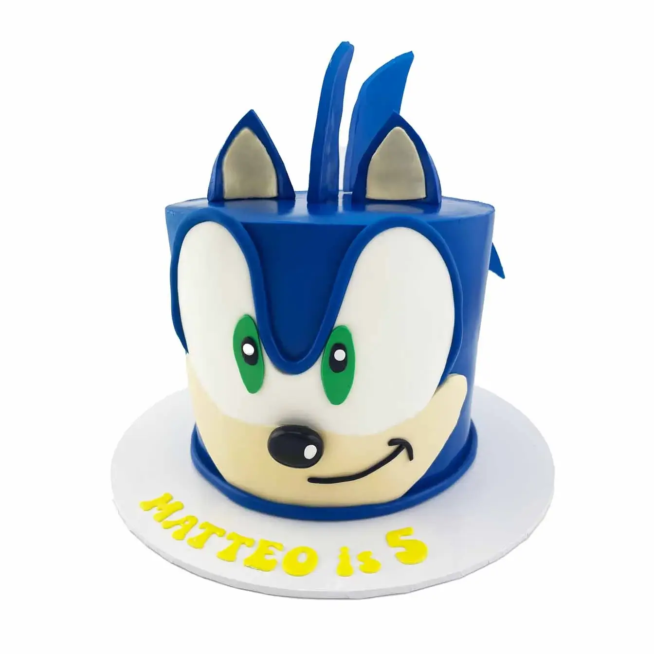 Sonic the Hedgehog cake designed to look like the iconic blue video game character, with red sneakers and a friendly smile, ideal for a Sonic-themed party or celebration.